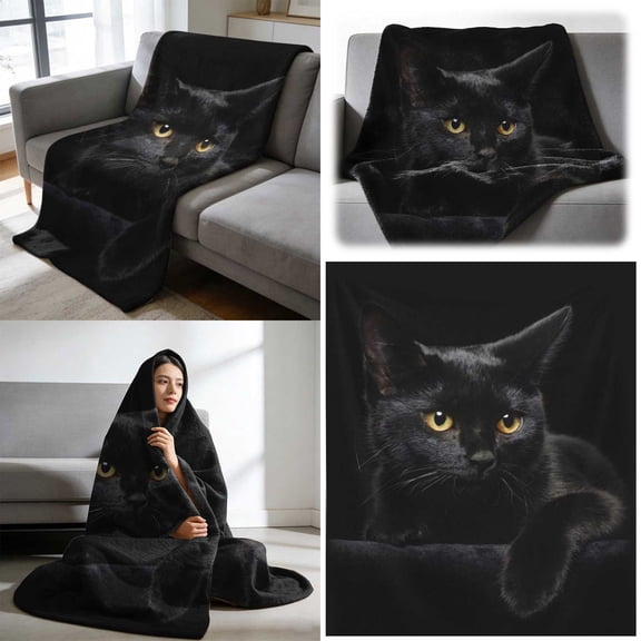 Ailezt Black Goose Down Throw Blanket With Black Cat Print 51x60inch- Warm Soft Touch Cozy for Couch Bed Sofa Home Decor, Winter Blanket 1pc