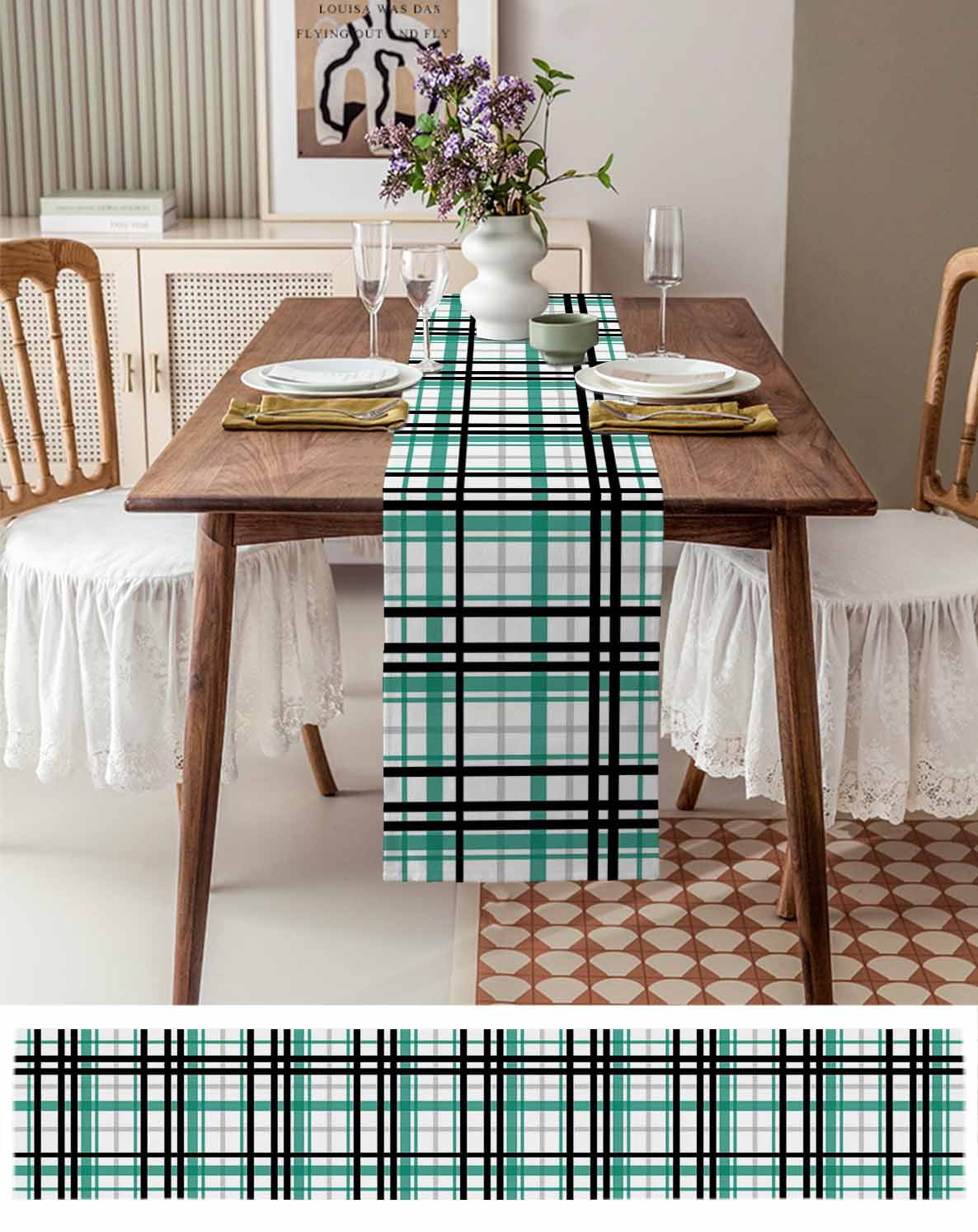 Ldtrchee Teal Black Plaid Table Runner 36 Inches, Farmhouse Teal Black Checkered Bed Runner Dresser Scarves Tabletop for Indoor Outdoor Parties/Ceremony/Banquet, 13"x 36"