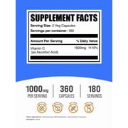 BulkSupplements Vitamin C Powder - Ascorbic Acid, Vitamin C Supplement - Vegan, 2 Capsules per Serving (1000mg), 360 Count