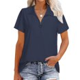 thumbnail image 2 of Jersey con cremallera de un cuarto para mujer, Top de manga corta con cuello vuelto, camisa de verano holgada de Color puro, azul marino XXL, 2 of 4
