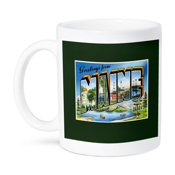 3dRose, Greetings From Maine Scenic Postcard with Lake and Canoes, 15oz Mug