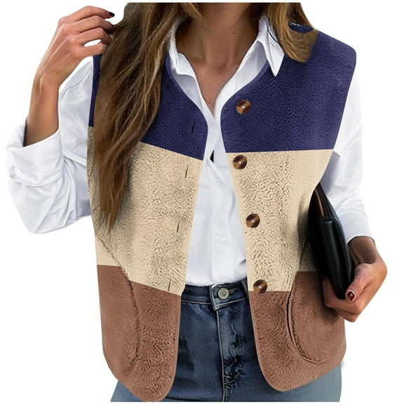 successthop Womens Plus Size Vests Sleeveless Flannel Color Block Oversized Outerwear Button Up Waistcoat Winter Coat