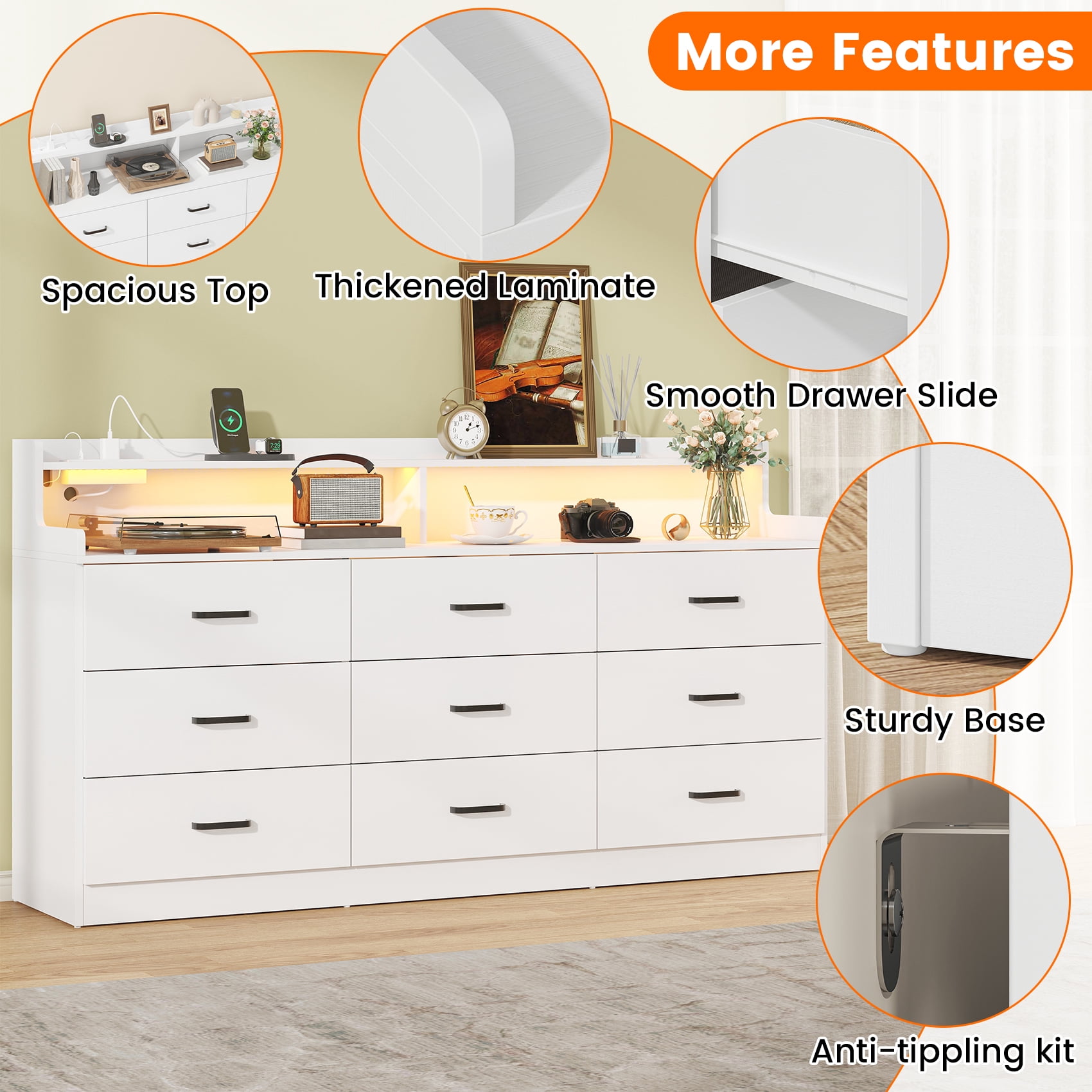 Frmobepts 9 Drawers Dresser, 63" White Drawer Dresser with Power Outlet, Accent Chests of Drawers with LED Light, Modern Storage Dresser for Bedroom, Living Room