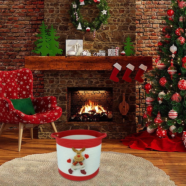 Panier de Rangement de Noël Rond en Corde Fait Main Panier de Rangement Portable Pliable pour Vêtements Sales