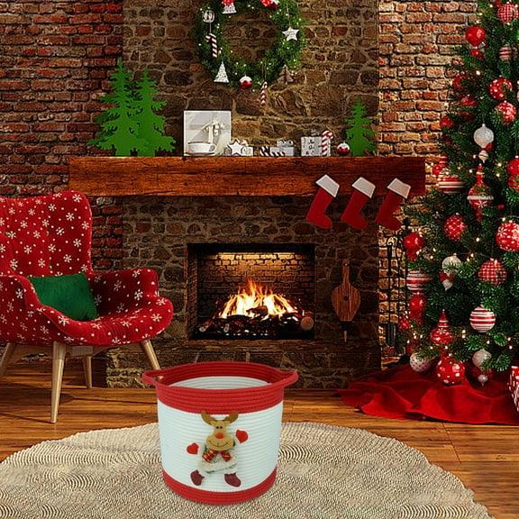 TOPRenddon Christmas Basket with Snowman Doll, Christmas Gifts Basket Empty, Christmas Woven Cotton Rope Basket with Handles, Christmas Decor Santa Claus Basket for Baby Toys, Red