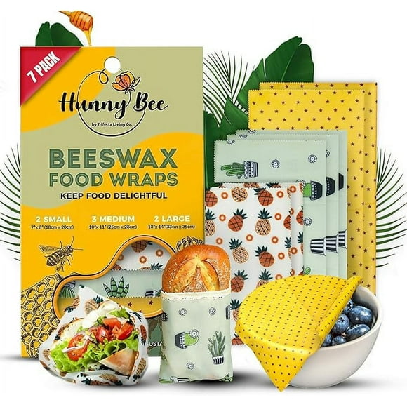 Hunnybee Beeswax Food Wrap (7 Pack) Beeswax Paper, Reusable Kitchen Products, Beeswax Wraps for Food, 3 Sizes (S,M,L)
