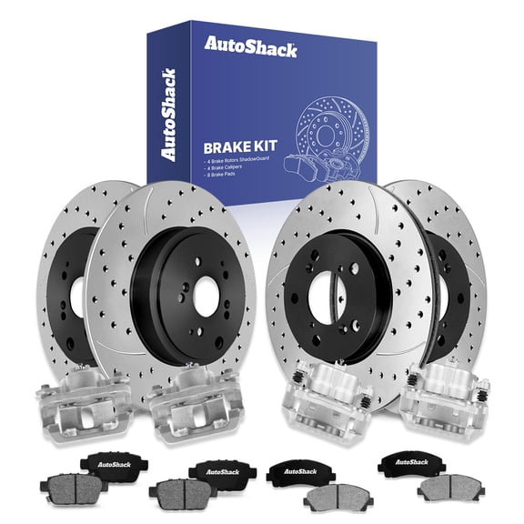 AutoShack Front Vented & Rear Solid Drilled & Slotted E-Coated Brake Rotors   Ceramic Pads   Calipers 16-PC Brake Kit Replacement for 2006-2011 Honda Ridgeline ShadowGuard