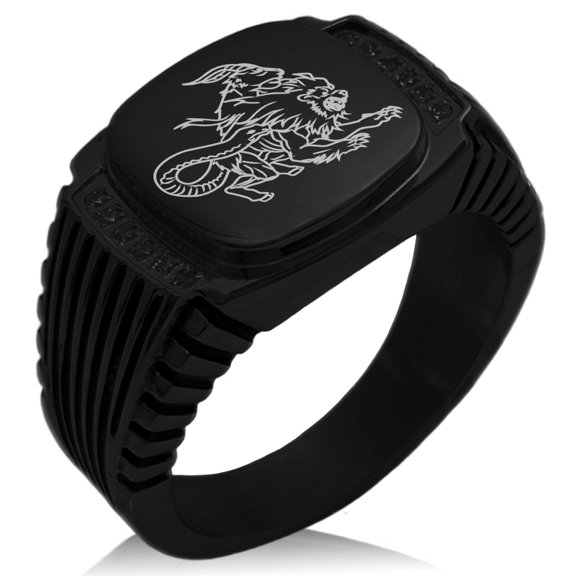 Stainless Steel Greek Mythology Chimera CZ Ribbed Needle Stripe Pattern Biker Style Polished Ring