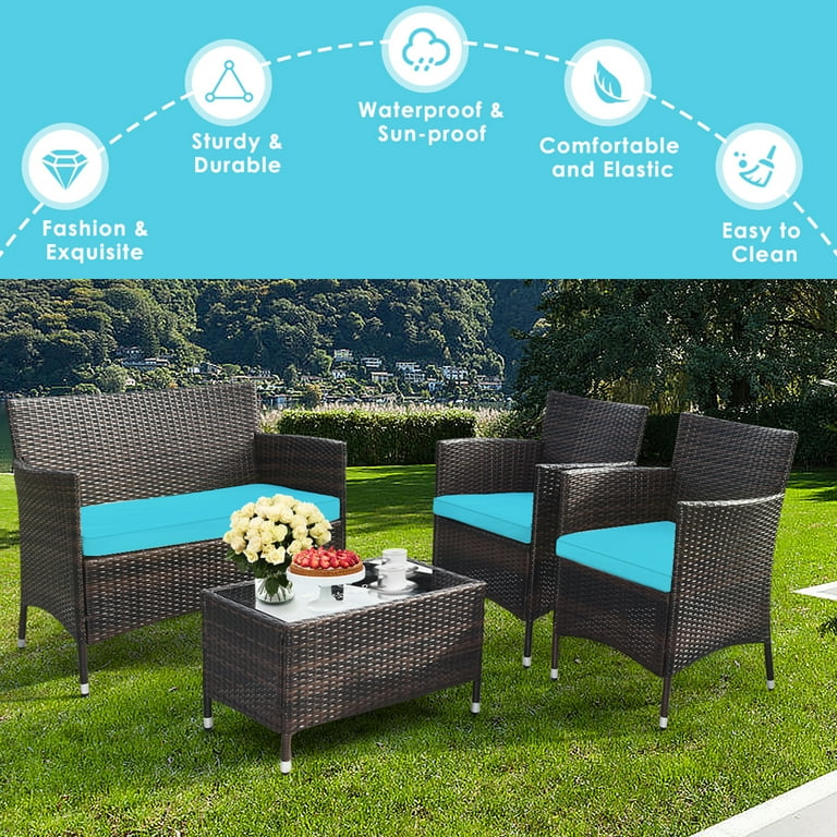 Gymax 4PCS Outdoor Furniture Set, Rattan Seating with Turquoise