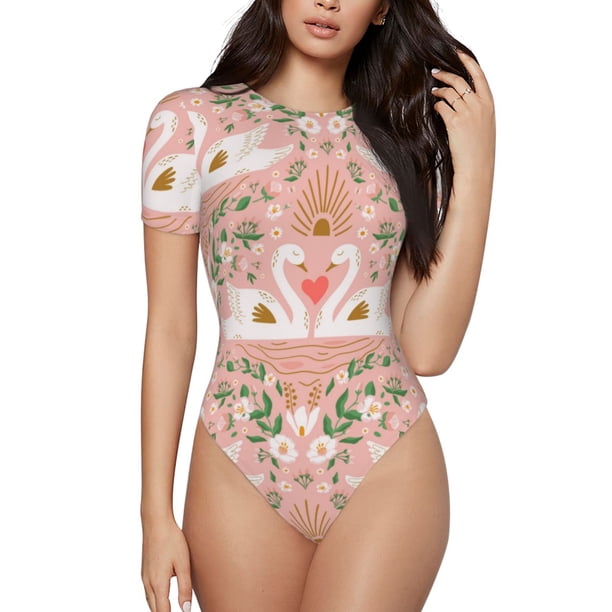Fotbe Swan Couple Body de Mujer con Cuello Redondo y Mangas Cortas, Sin Mangas Ajustado, Suave, Cómodo y Básico-Small