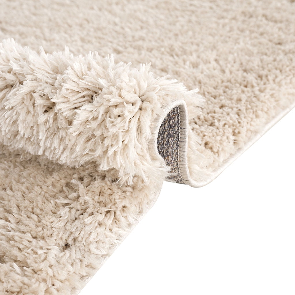 Super Soft Polyester Shag Area Rug 6x9ft Solid Cream High Pile Modern Rug Non-Slip Latex Backing Easy Clean for High-Traffic Living Room