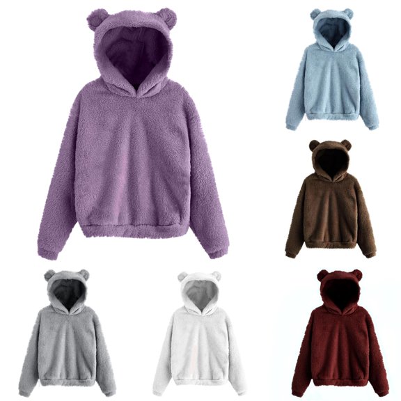 Huowey Womens Sweatshirt Solid Color Long Sleeve Hoodies Cute Ears Hooded Coat Warm Pullover Tops Casual Loose Outwear Fall Clothes,Purple,L