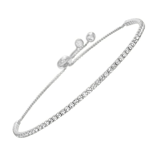 Lesa Michele Women s Faceted Crystal Prong and Bezel Set Adjustable Tennis Slider Chain Bracelet in Rhodium Plated Sterling Silver Made With Swarovski