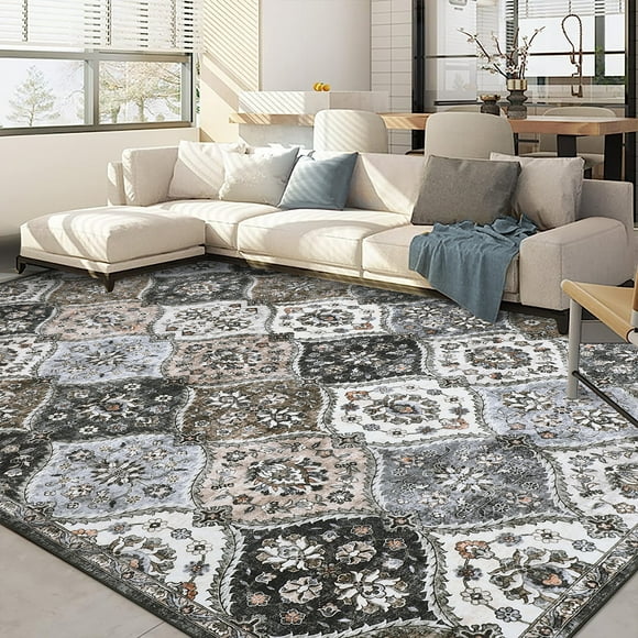 HOMERRY 9' x 12' Area Rug for Living Room Washable Bedroom Moroccan Trellis Floral Carpet for Floor Decoration, Brown/Gray