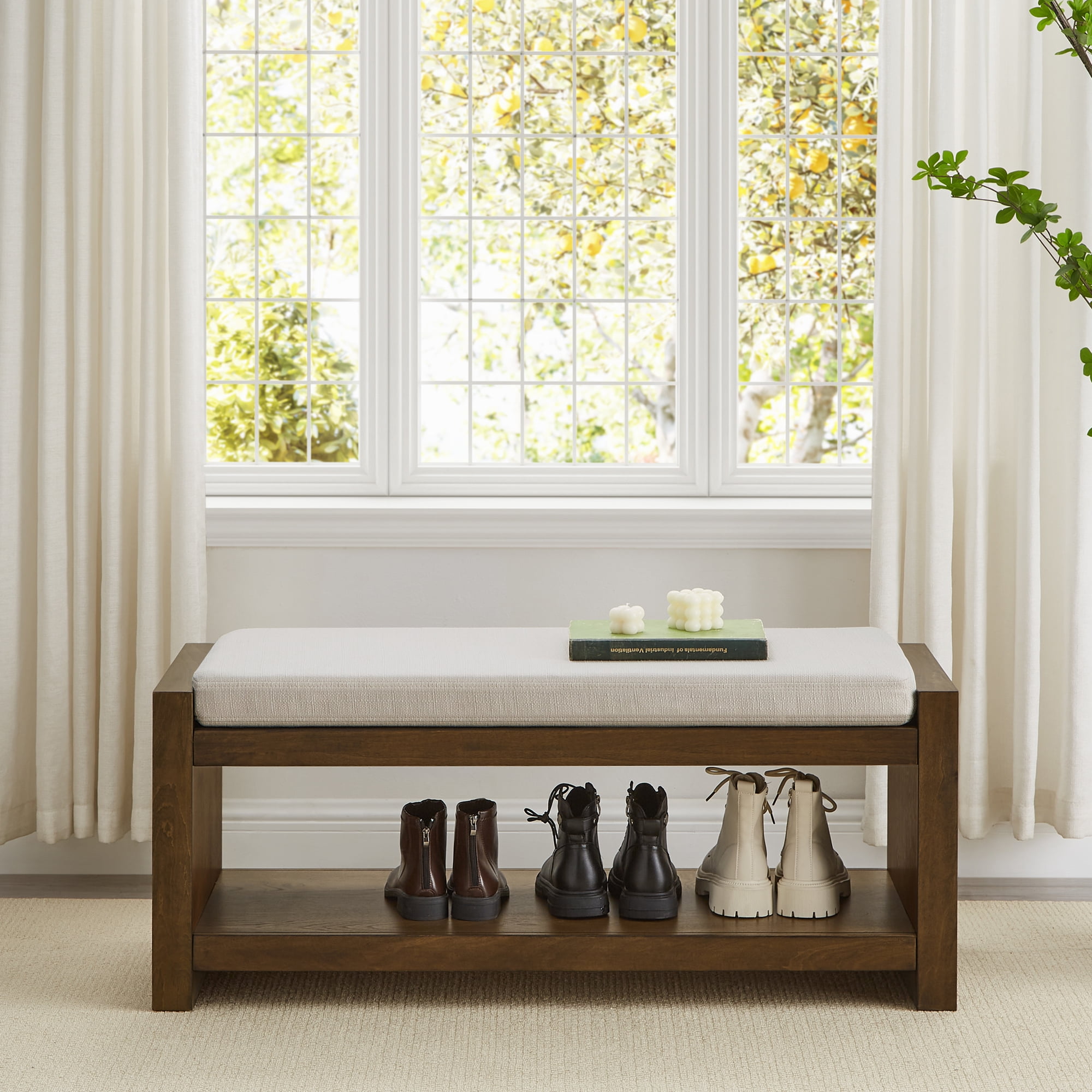 Accent Bench with Lower Shoe Shelf and Removable Cushion, 40-Inch Padded Entryway Bench for Living Room and Bedroom, Beige