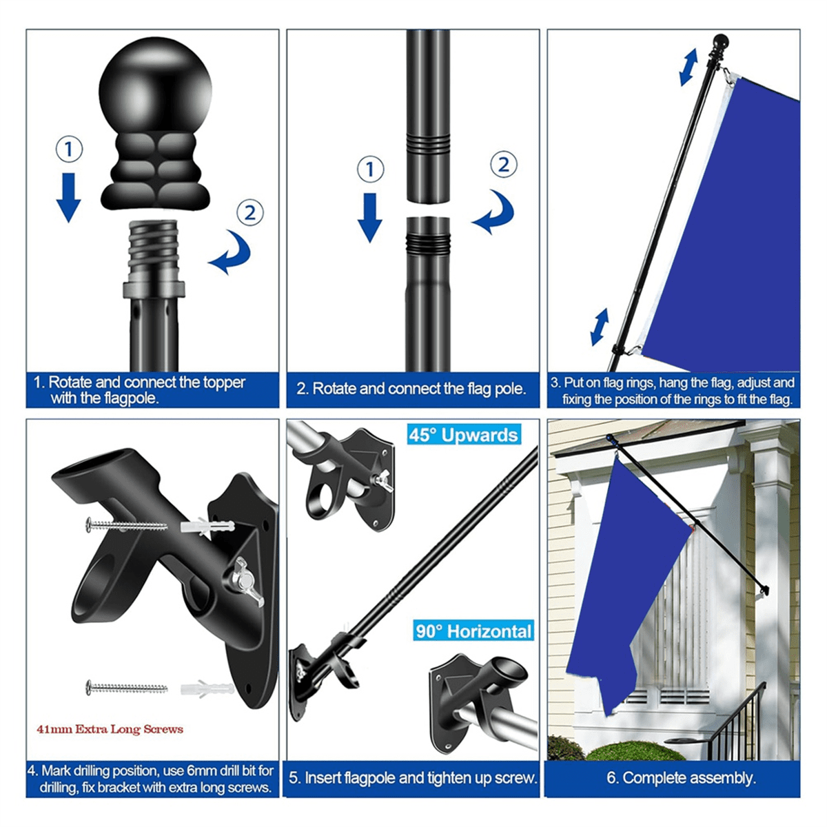 Flag Pole Set for House Porch, 5 FT Thickened Stainless Steel Wall Mount Flagpole Rotating Flagpole Rings No Bracket