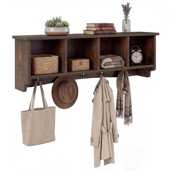 Costway Hanging Entryway Shelf Coat Hook Rack Wall Mounted Storage Cabinets W/5 Dual Hooks Brown