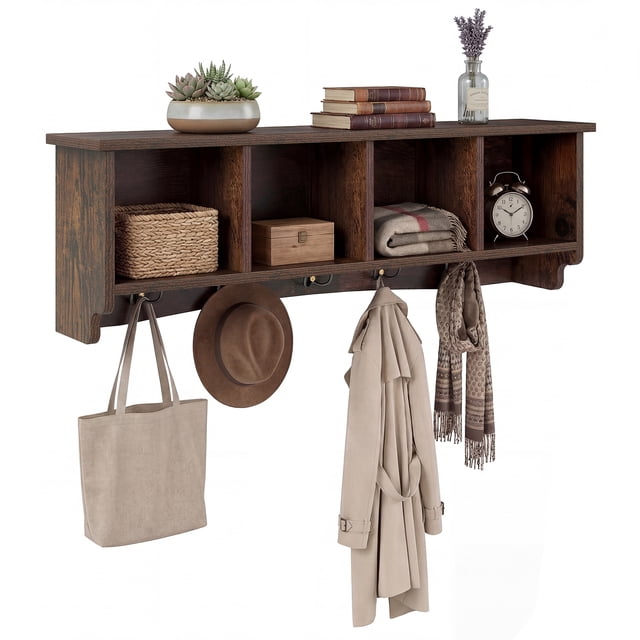 Costway Hanging Entryway Shelf Coat Rack Wall Mounted Storage Cabinets Brown