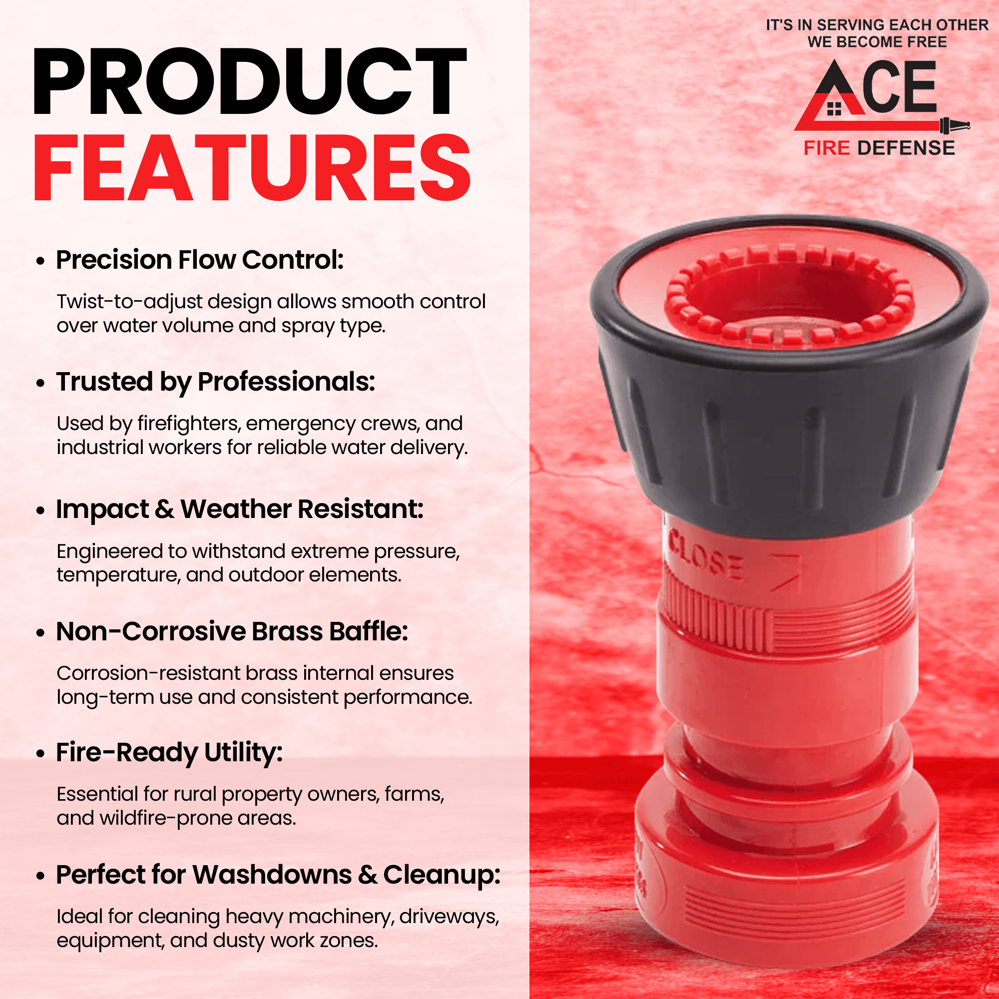 Fire Hose Nozzle 1.5" NH/NST Jet Fog | High Pressure Hose Nozzle for Firefighter | Adjustable Polycarbon Brass Baffle Sprayer Nozzle | Fire Hydrant, Dust Control, Wildfire Defense | 80 GPM, 100 PSI