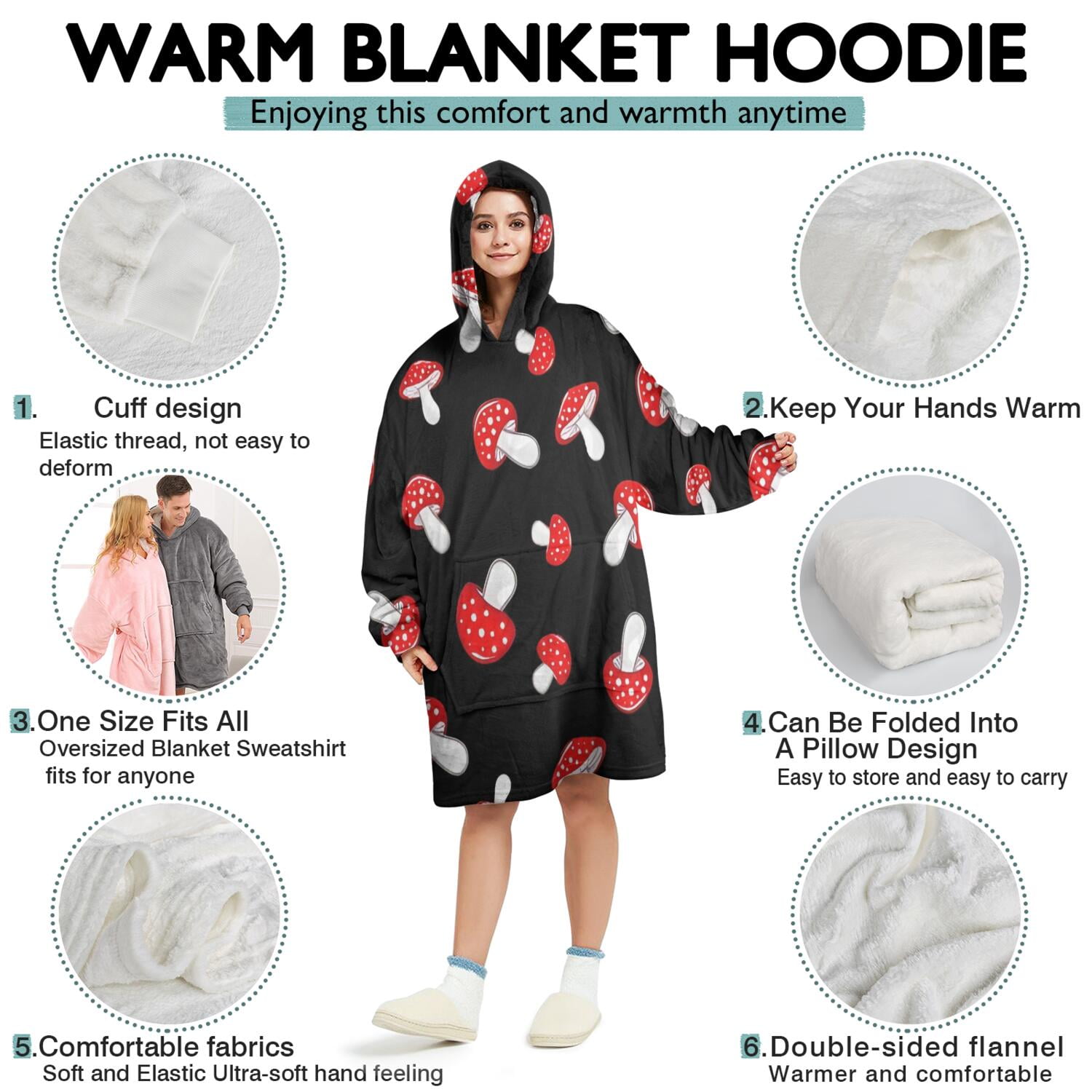 Red Mushroom Polka Dot Black Pattern Wearable Oversized Blanket,Wearable Blanket Hoodie for Adults,Cozy Hooded Blankets with Super Pockets,Super Warm Fuzzy Pullover for Women & Men