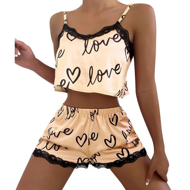 Camisón corto con estampado de corazón para mujer, ropa de dormir de satén sin mangas, Sexy, tirantes finos, Verano