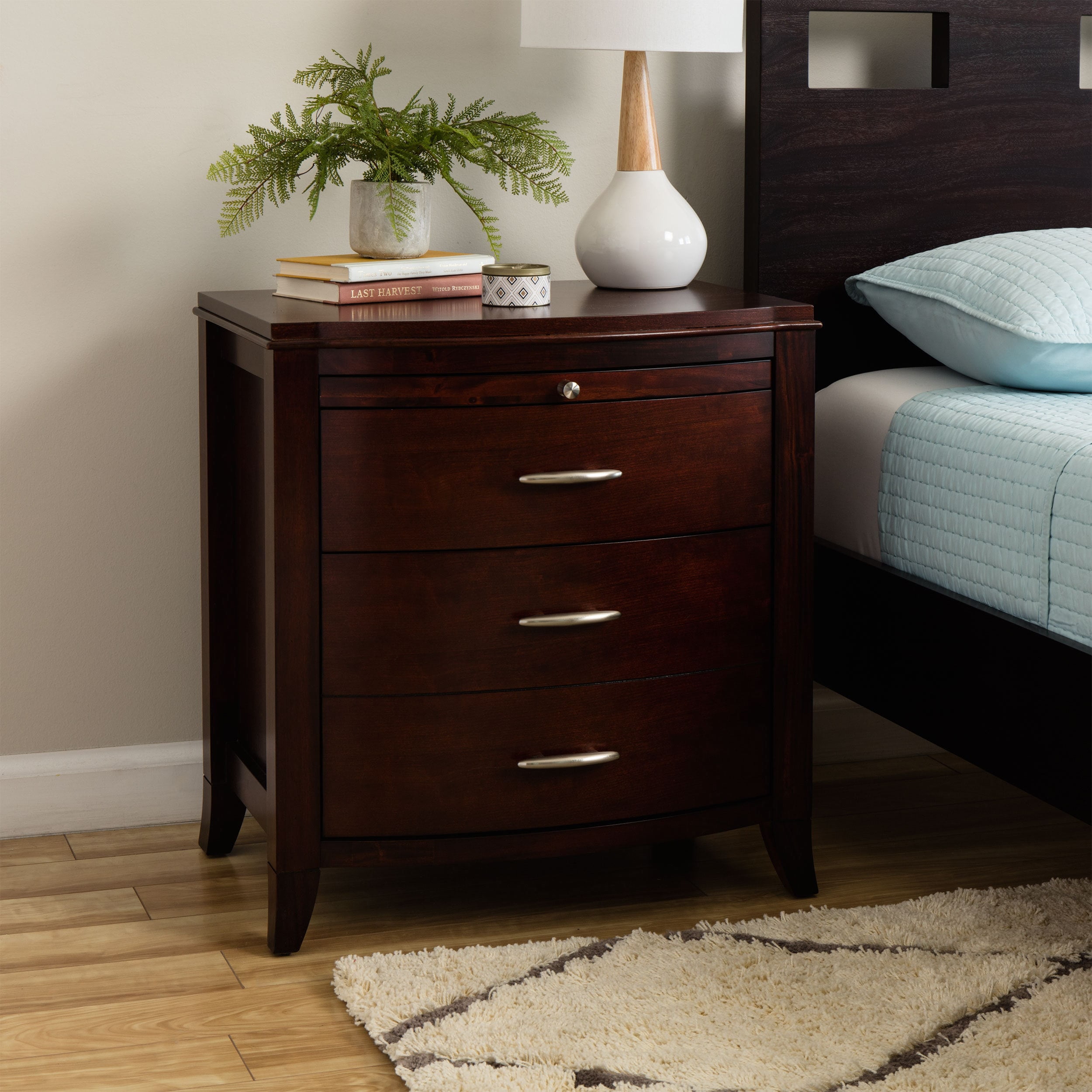 Domusindo 2 Drawer Bow Front Nightstand With Tray And Power Strip Cinnamon Walmart Com Walmart Com
