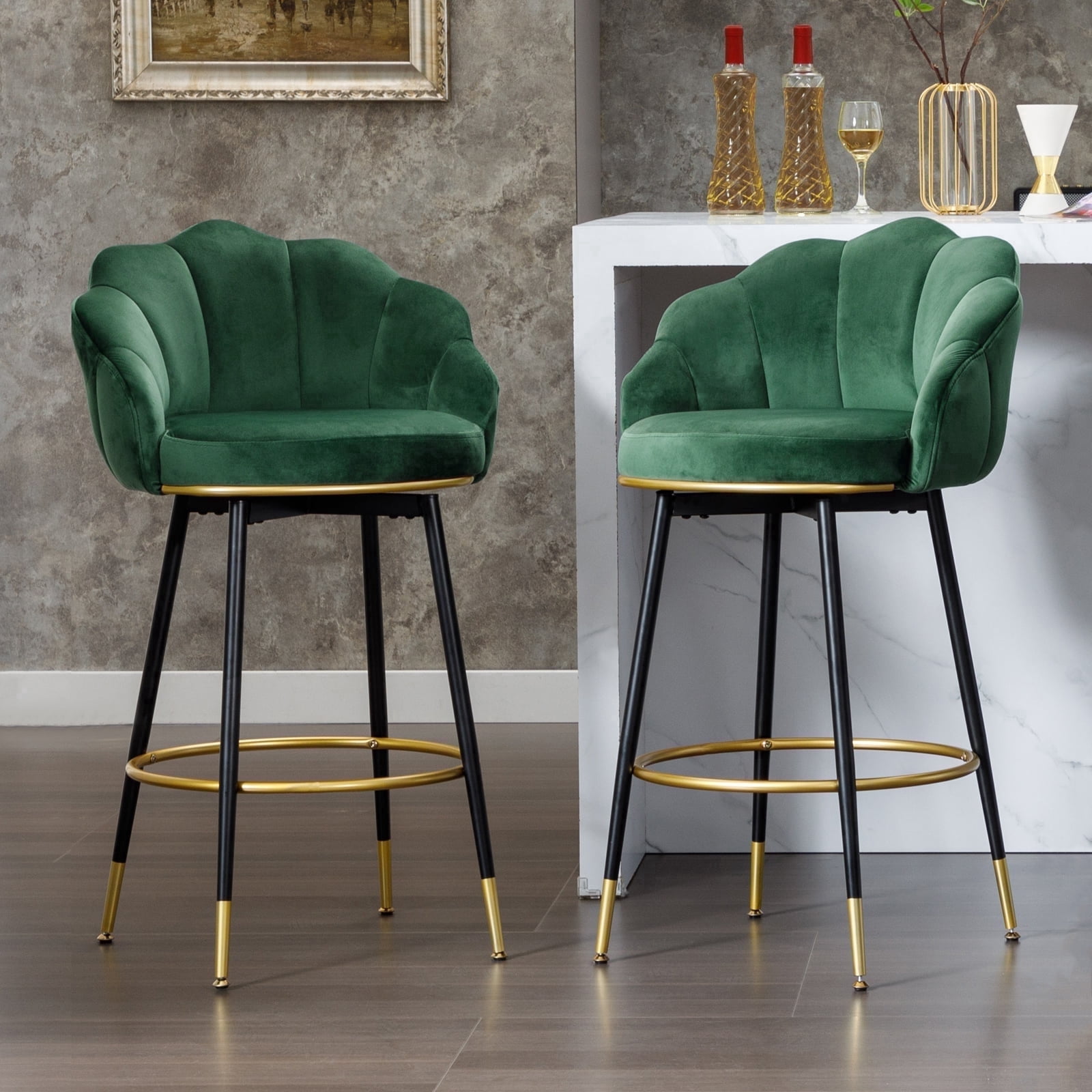 MINPINSER Modern Velvet Swivel Bar Stools Green (Set of 2)