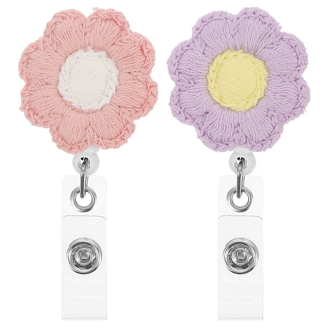 2 porta credencial retráctil de fieltro con forma de girasol, práctico clip para carrete de credencial.