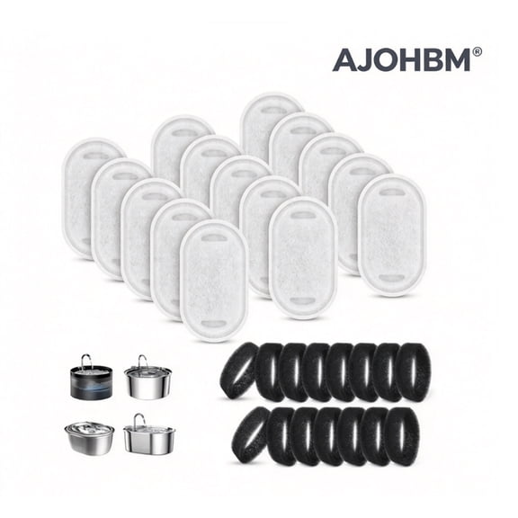 AJOHBM 15-Pack Pet Water Fountain Filters - Replacement for Cat & Dog Fountain, Stainless Steel 108oz/3.2L & 67oz/2L, 7 Months Supply
