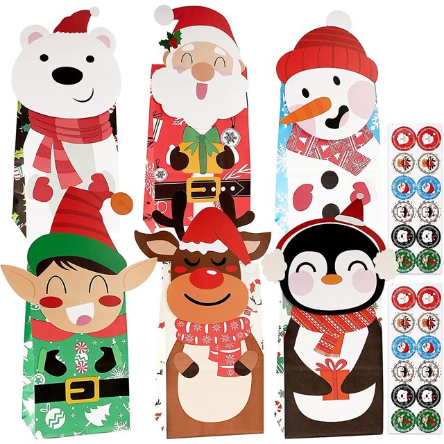 24 piezas pequeñas bolsas de regalo de papel de navidad Foohvr, set de 24 bolsitas autoadhesivas (aprox. 23×12×8 cm) con 6 diseños festivos: oso polar, Papá Noel, muñeco de nieve, duende, reno y pingüino; base rectangular para fácil fijación, incluye 24 pegatinas (3.5 cm), ideal para dulces, galletas y pequeños obsequios o para colgar en el árbol de Navidad.