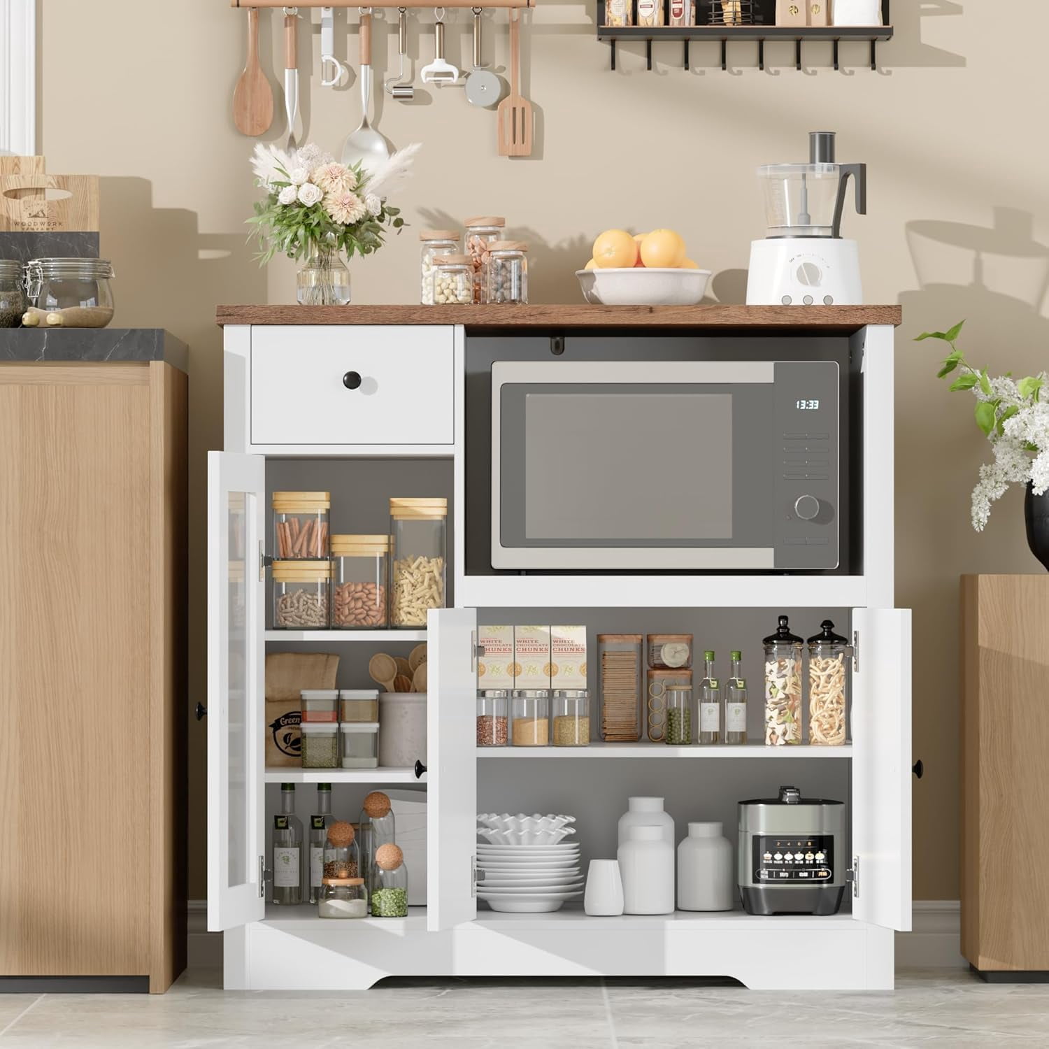Yeshouse Pantry Storage Cabinet, Multipurpose Kitchen Sideboard with Drawer, 3 Doors & Adjustable Shelving