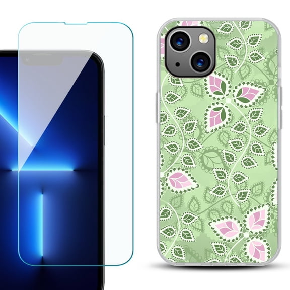 Slim-Fit Gel TPU Phone Case for iPhone 14, with Tempered Glass Screen Protector, by OneToughShield ® - Leaf Pink Green