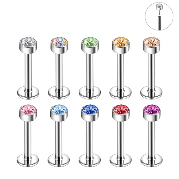 ZS Labret Lip Studs Colorful Cubic Zirconia Stainless Steel 16G Body Piercing Jewelry, 10 Pieces