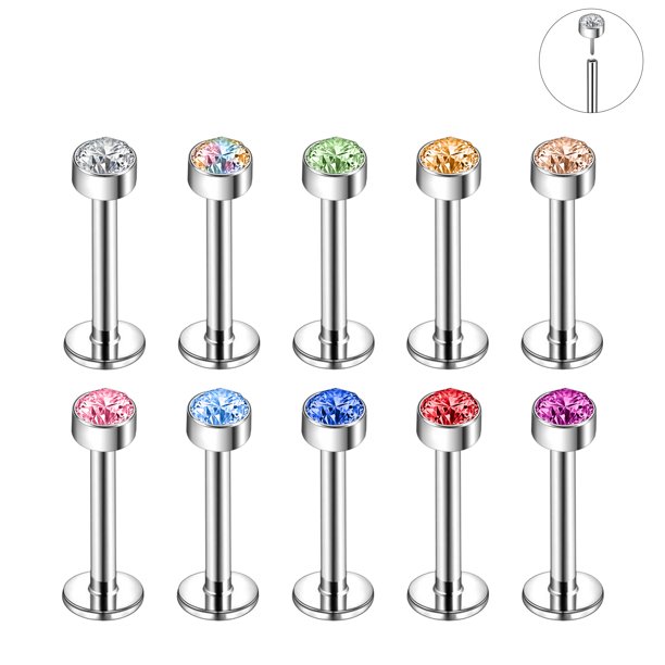 10Pcs/Set 16G Push in Labret Lip Studs Rings Colorful Cubic Zirconia