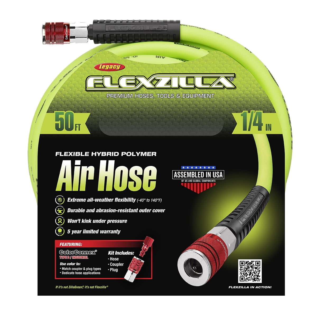 Flexzilla® Air Hose Kit, 3-Piece, 1/4" x 50', Flexible Hybrid Polymer, ZillaGreen™, with ColorConnex® Coupler and Plug, Type D, Red