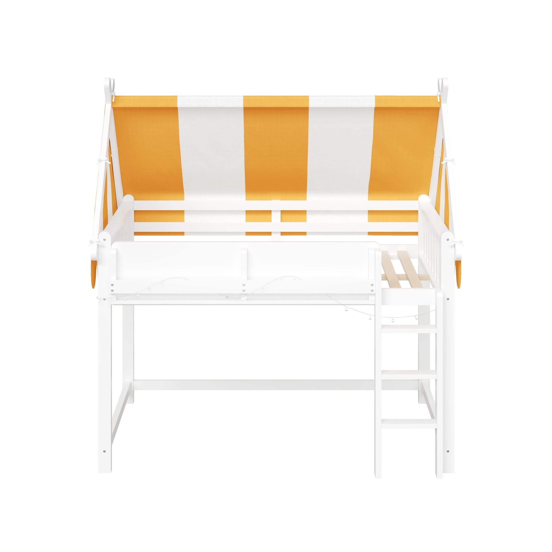 Noble House Sidney Full Size Loft Bed with Canopy and LED Lights, Wood Loft Bed with Bookshelf, Playful Design, White