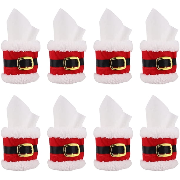 Servilleteros navideños 8 piezas, servilletero de fieltro, diseño de hebilla de cinturón de Papá Noel, servilletero, servilletero, cena navideña, fiesta, decoración de mesa, servilletero