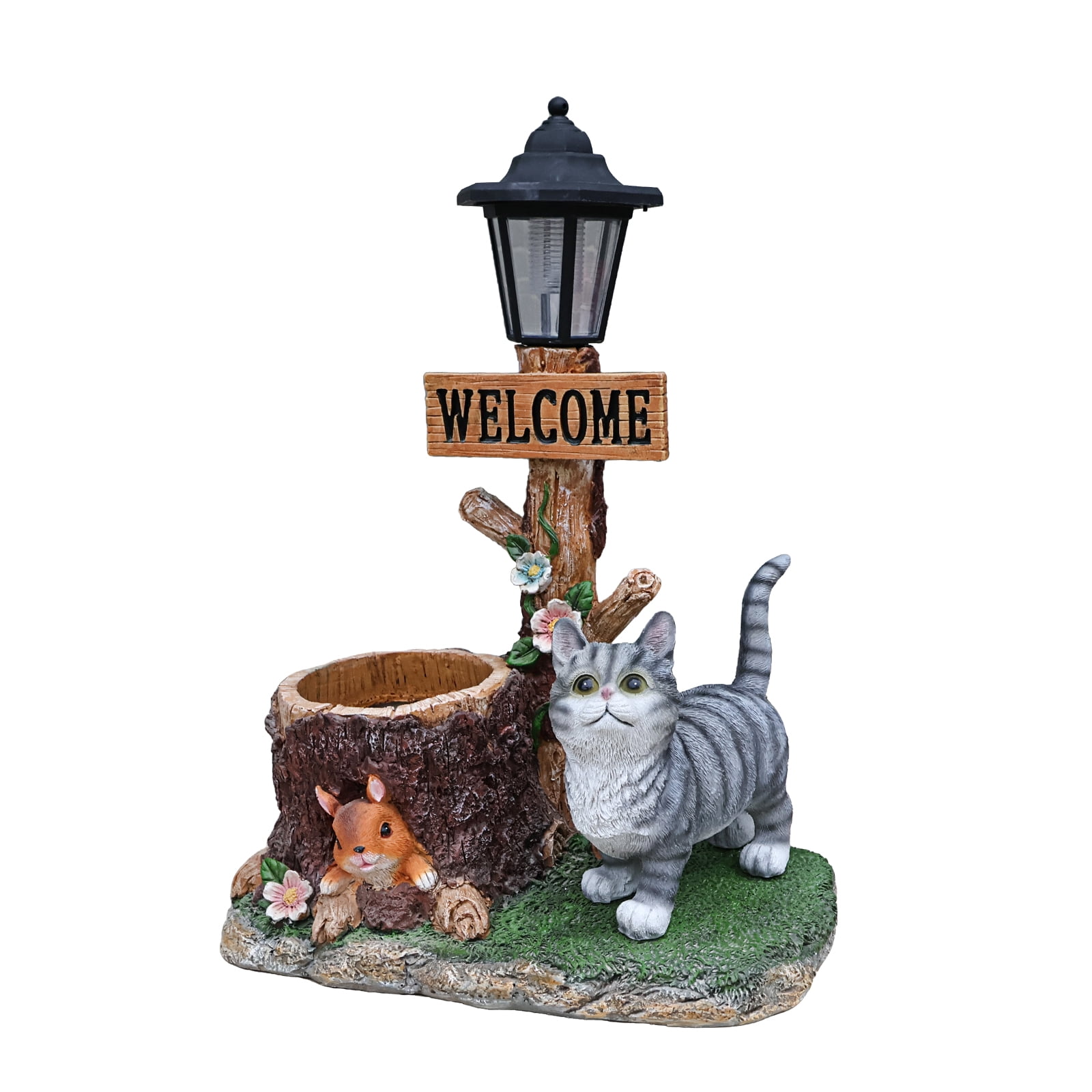 Cat Solar Planter Statue for Outdoor Decor, Garden Statue with Built-In Planter and LED Light, Weather-Resistant Resin for Yard, Patio, Brown