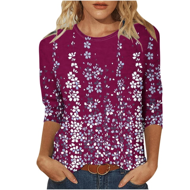 Birdeem Blouse pour Femmes T-Shirt Imprimé Mode Manches 3/4 Blouse Col Rond Hauts Décontractés