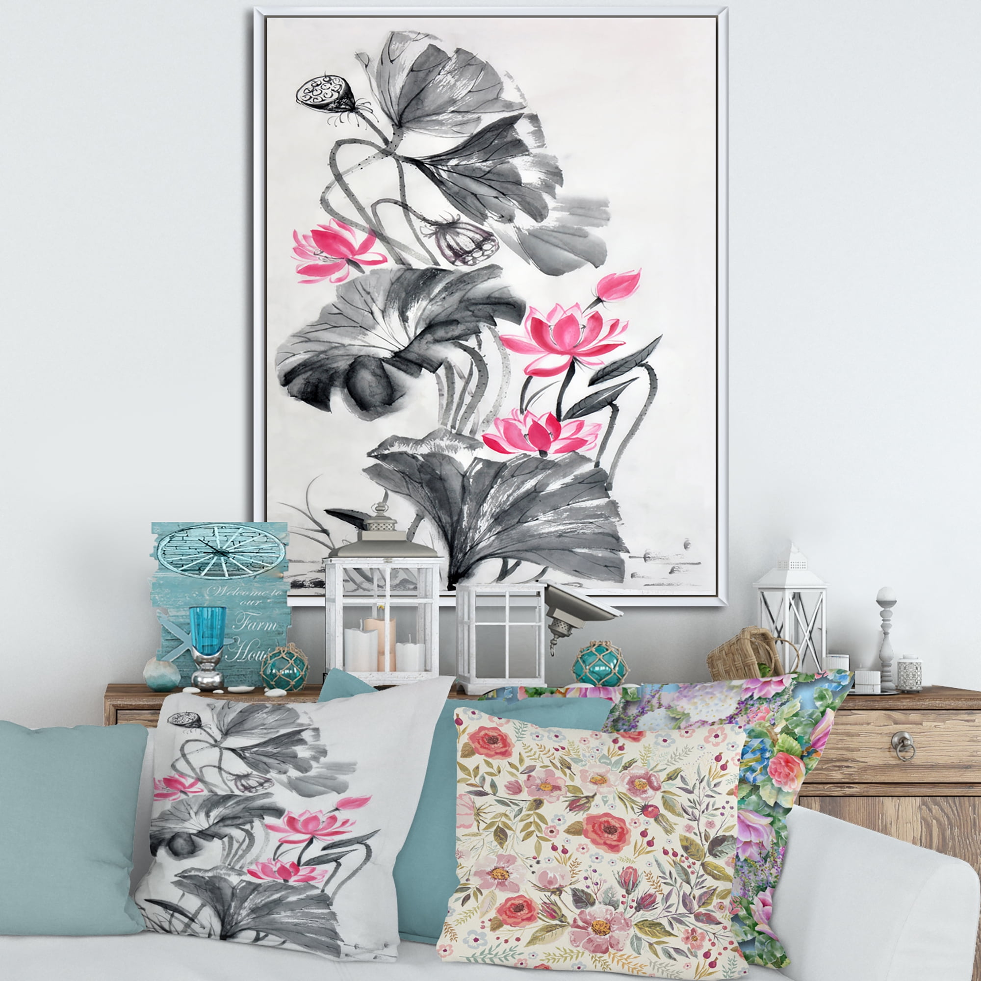 Designart 'Pink Vintage Lotus Flower and Monochrome Leaves' Traditional Framed Canvas Wall Art Print