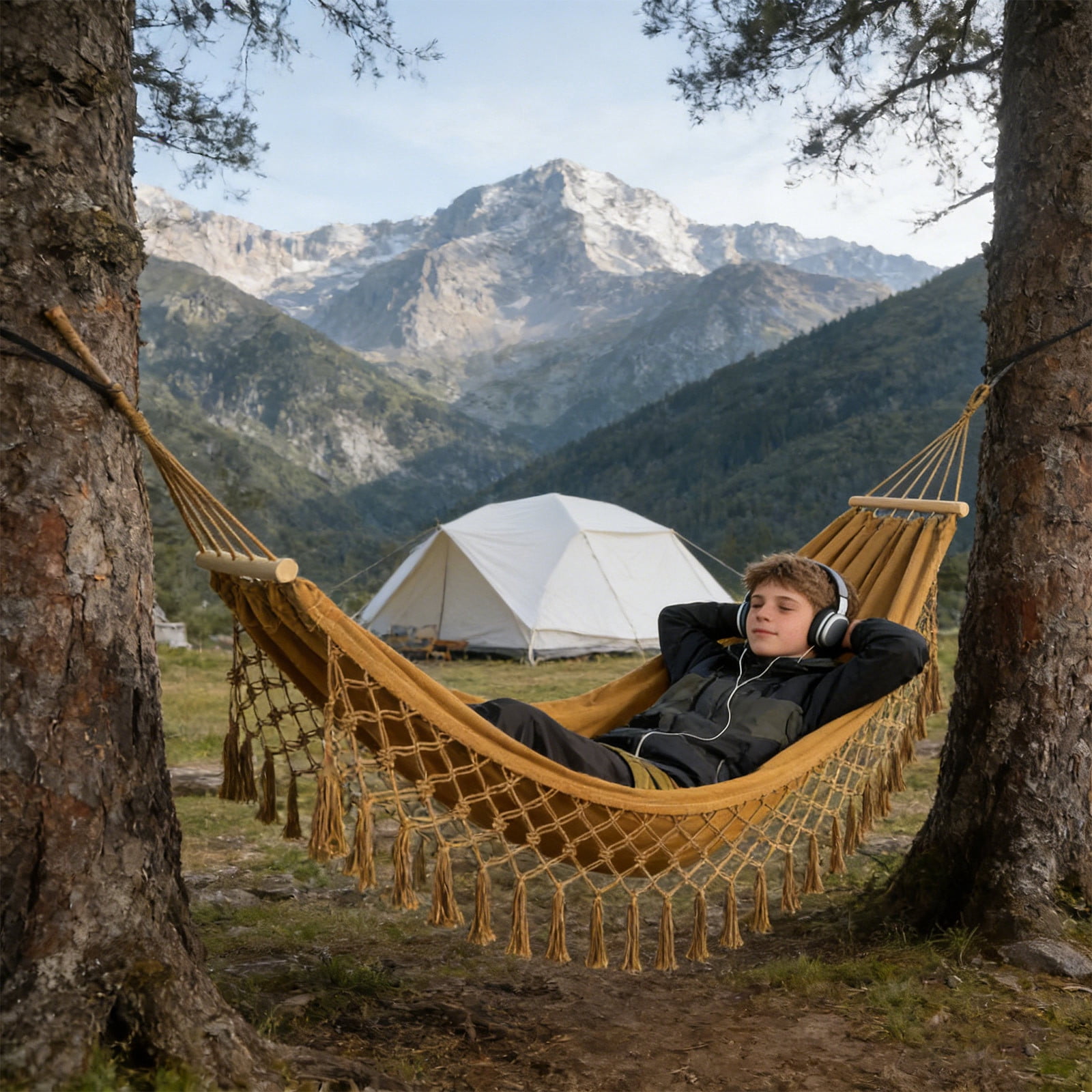 Double Camping Hammock With Boho Fringe Tassels - Anti-Tip Heavy Duty Canvas Outdoor Swing Bed 92.5x53.1in For Backyard Patio Porch Garden Travel