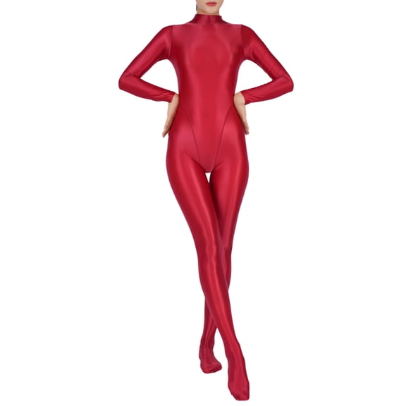 Lejafay Womens Oil Shiny One Piece Long Sleeves Full Body Jumpsuit Sport Spandex Leotard Bodysuit Burgundy 3XL
