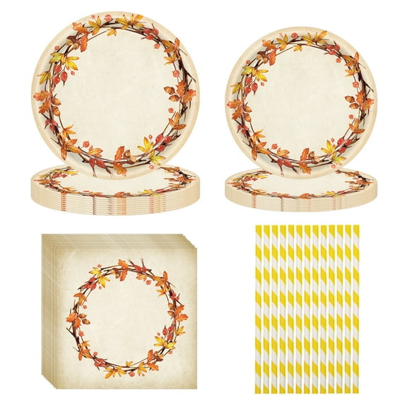 96 Pcs Fall Plates and Napkins Thanksgiving Party Supplies, Watercolor Pumpkin Autumn Leaves Disposable Tableware with Paper Plates Napkins and Forks for Thanksgiving Harvest Party- Serves 24