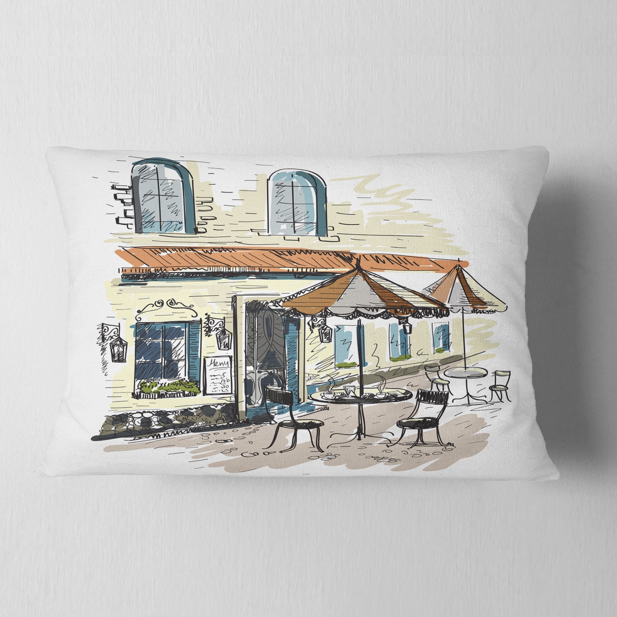 Designart Street Cafe - Watercolor Painting Throw Pillow - 12x20