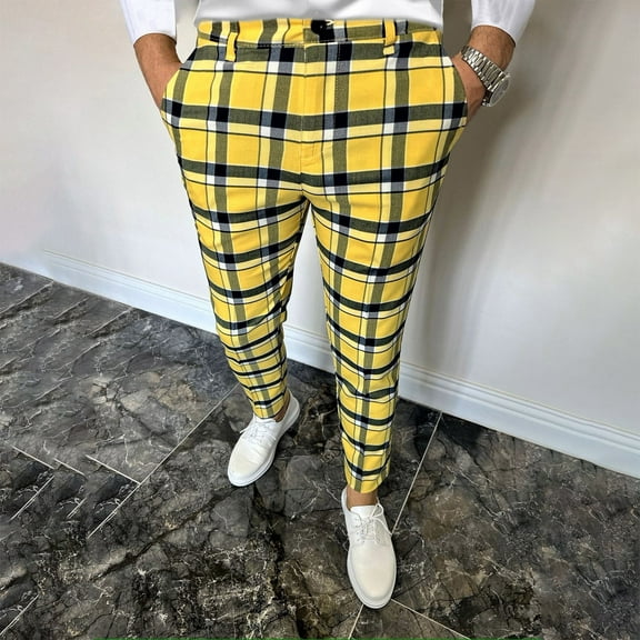 Ndbuld Mens Pants Mens Cargo Pants Fashion Men's Casual Plaid Printing Button Zipper Trousers Full Length Pants Gift for Adults Yellow M