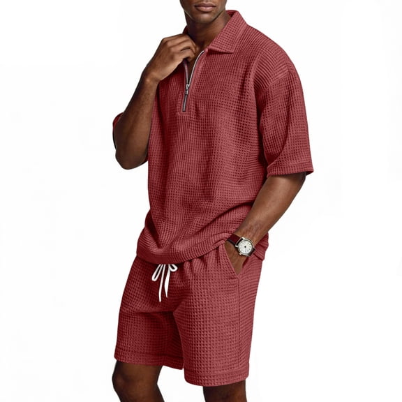 Mens Suits Classic Fit 2 Piece Quarter Zip Waffle Polo Shirts and Shorts Set Summer Vacation Beach Set for Men