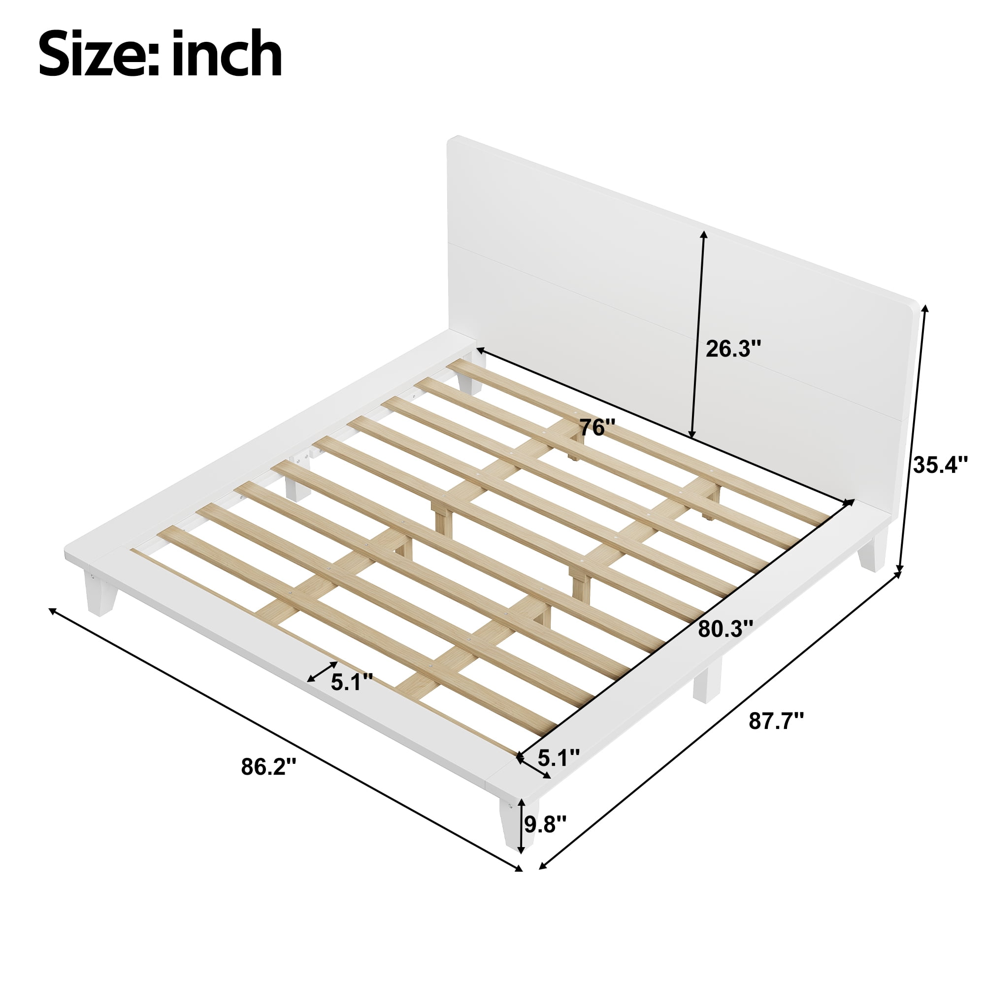 Mintazer King Size Platform Bed Frame with Headboard, Modern Bed with Slatted Support, No Box Spring Needed, White