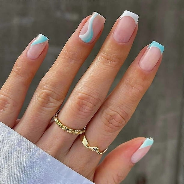 24pcs Armor Premium French White and Blue Colorblock Line Wavy Nails Removable Nails