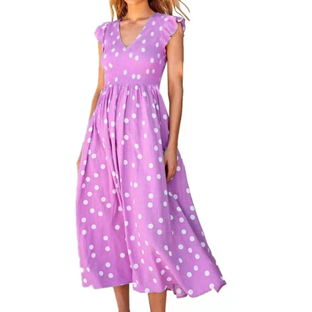 Robes Décontractées pour Femmes à Col en V à Pois à Volants Sans Manches Robe d'Été Plissée Fluide Plage Vacances Été Longue Robe