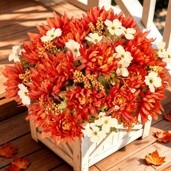 AcerichFad Artificial Mums Fall Flowers, 2 Bundles 18 Heads Autumn Fake Flowers Faux Chrysanthemum with Long Stems Fall Decoration for Home Outdoor Indoor Wedding Party Home Decor
